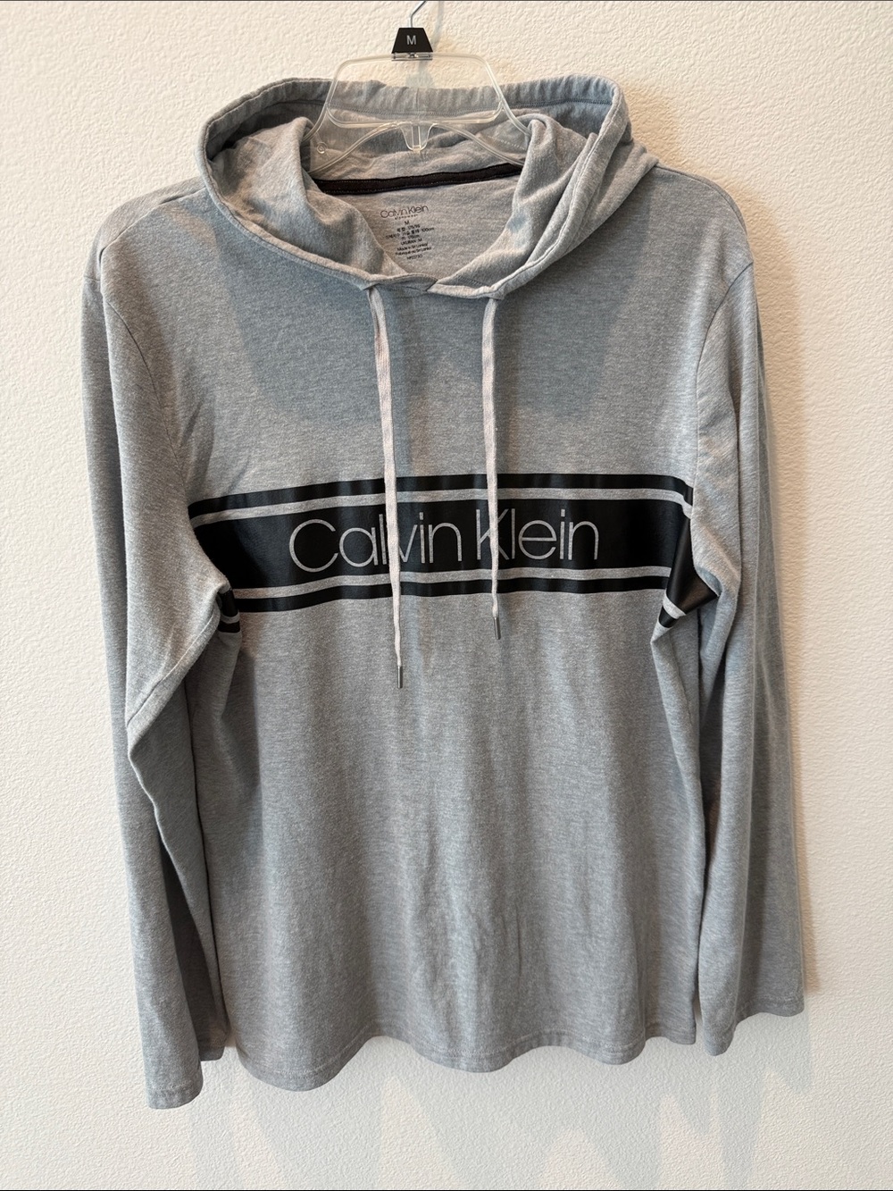 Calvin Klein Light Gray Hoodie with Black Logo Stripe